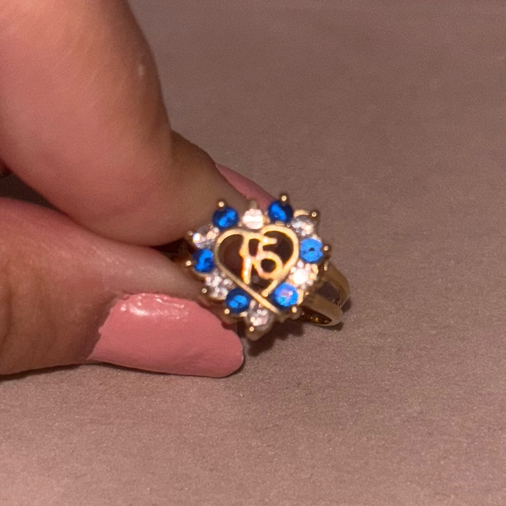 16th Birthday Gold Heart Ring with Blue and White Accents